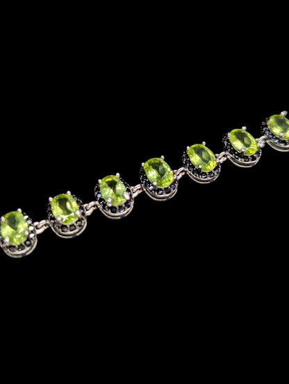 Vintage Genuine Peridot and Black Spinel Gemstone Sterling Silver Tennis Bracelet