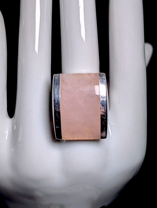 Vintage Italian Designer Modernist Bezel Set Verified Rose Quartz Solitaire Sterling Silver Statement Ring