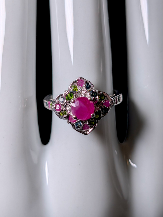 Vintage Multi-stone Earth Mined Round Cut Genuine Ruby Solitaire and Gemstone Custer Sterling Silver Ring