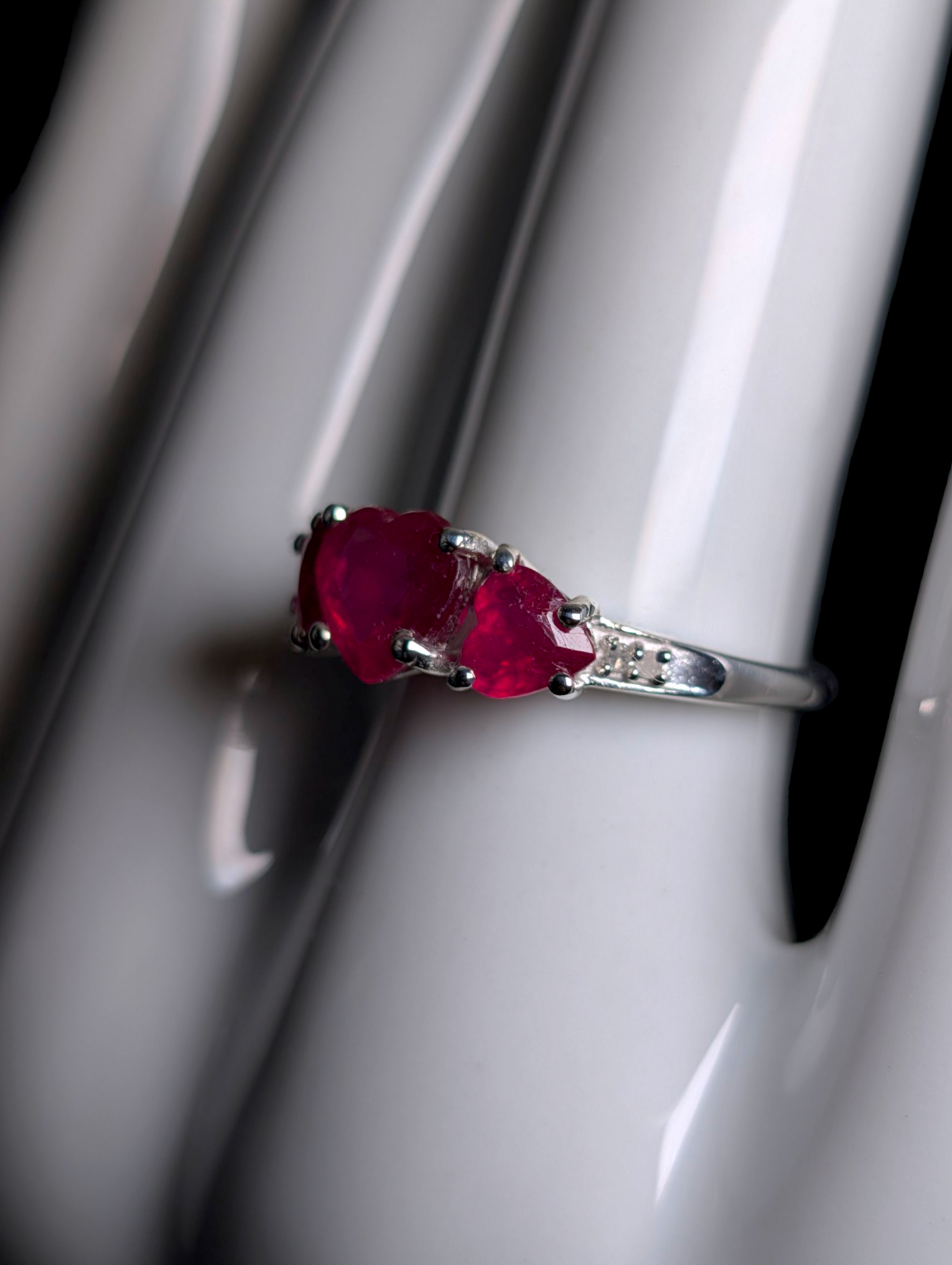 Vintage Three Heart Cut Genuine Ruby with Diamond Accent Stones Sterling Silver Ring