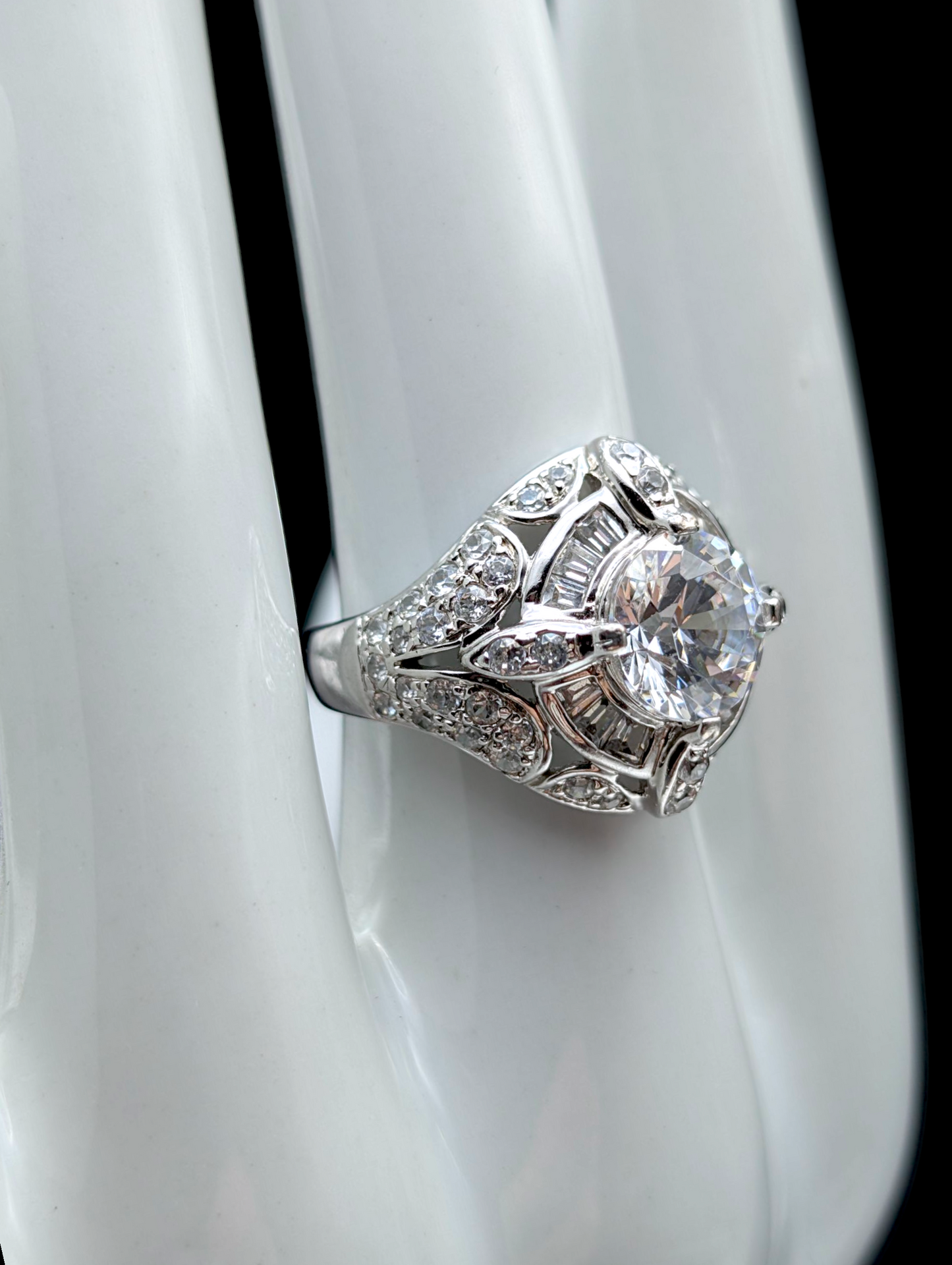 Vintage Art Deco Inspired Round Brilliant Cut Simulated Diamond Sterling Silver Vacation Ring