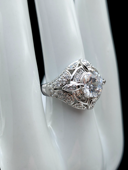 Vintage Art Deco Inspired Round Brilliant Cut Simulated Diamond Sterling Silver Vacation Ring