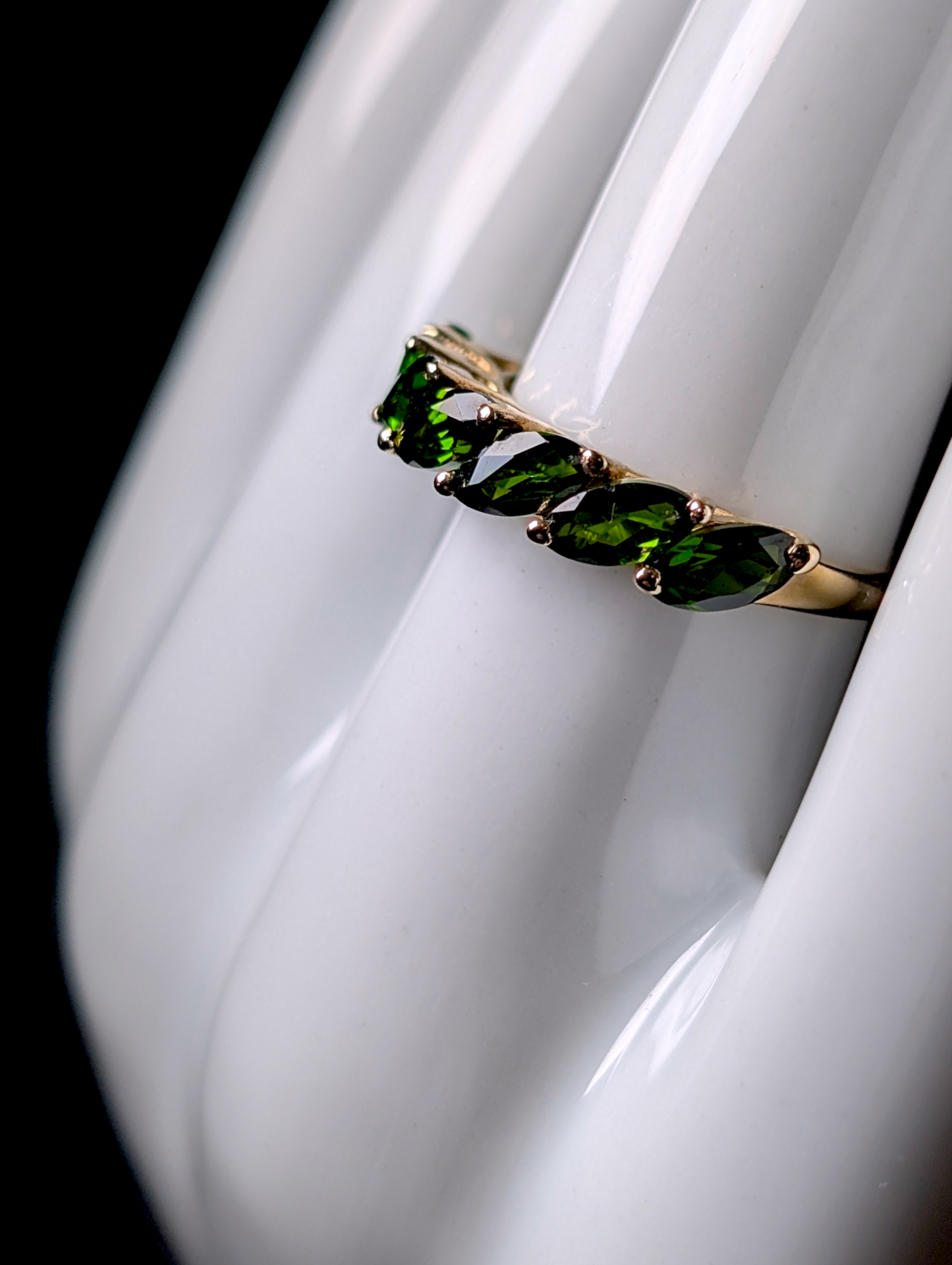Vintage Half Eternity Band Marquise Cut Earth Mined Genuine Emerald Green Chrome Diopside 18k Yellow Gold Vermeil Ring