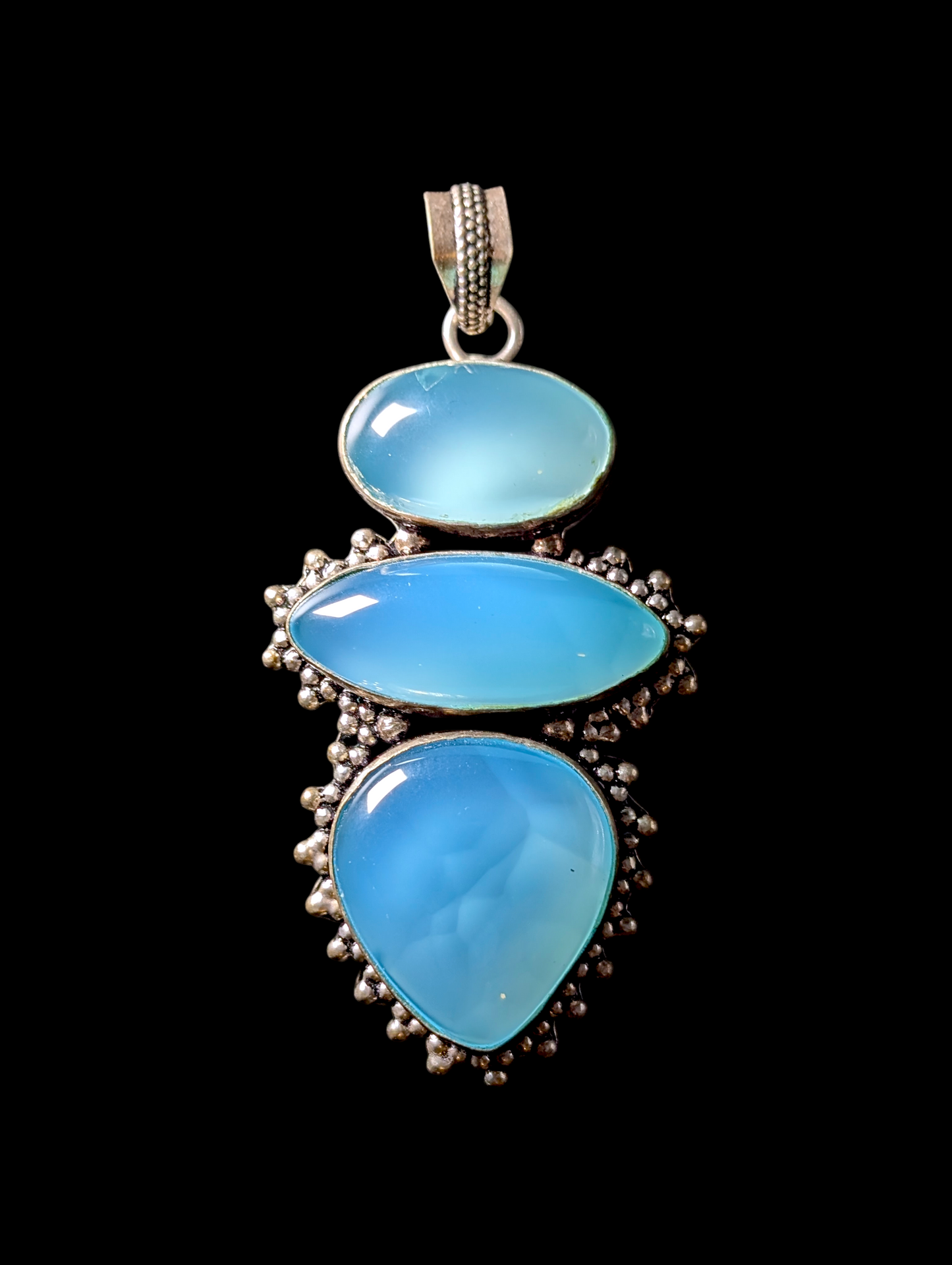 Vintage Artisan 3 Tiered Genuine Blue Chalcedony Sterling Silver Studded Pendant