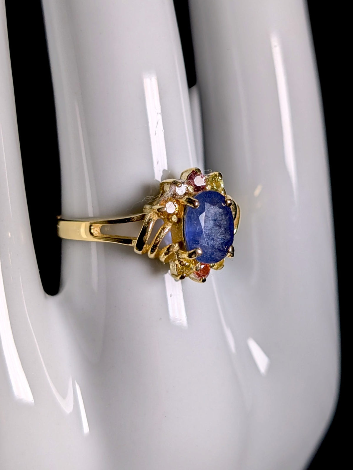 Vintage Genuine Sapphire Solitaire with Fancy Sapphire Accents Gold over Sterling Ring