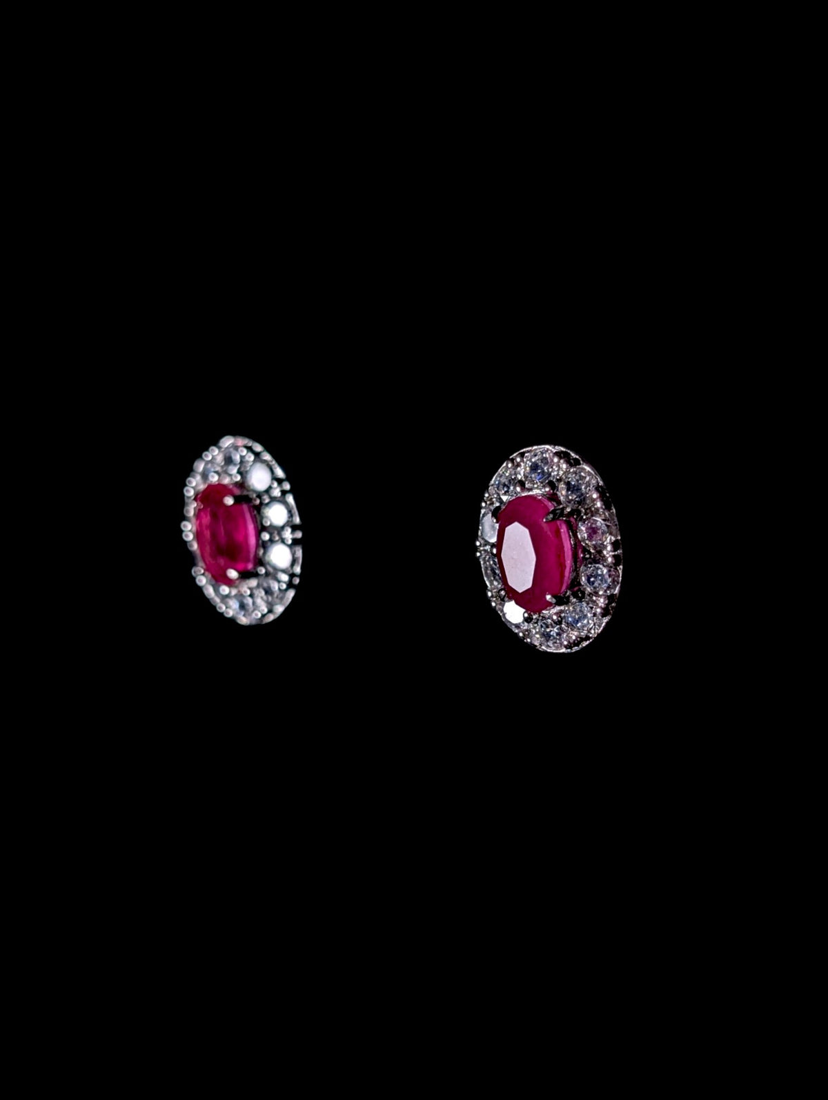 Vintage Simulated Ruby and Diamond Halo Sterling Stud Earrings