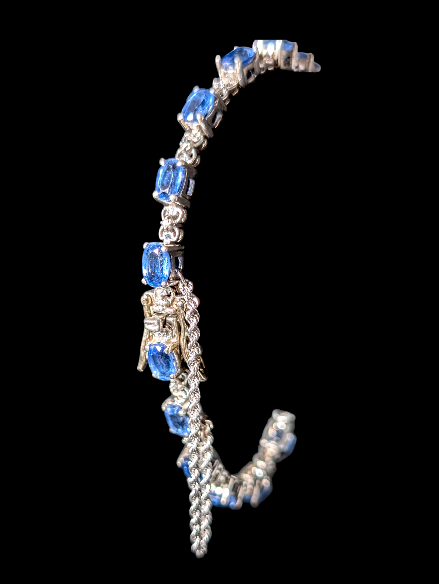 Vintage 7+ Carat Oval Cut Genuine London Blue Topaz Sterling Silver Tennis Bracelet with 14k White Gold Safety Chain