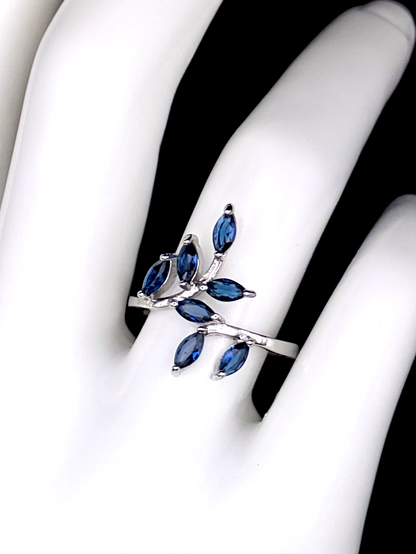 Vintage Inspired Marquise Cut Simulated Blue Sapphire Leaves and Branches Sterling Silver Ring