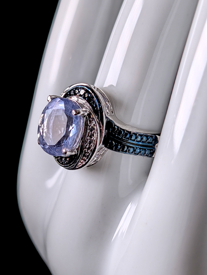 Vintage Inspired Oval Cut Earth Mined Genuine Tanzanite Solitaire Black and White Rhodium Halo over Sterling Silver Ring