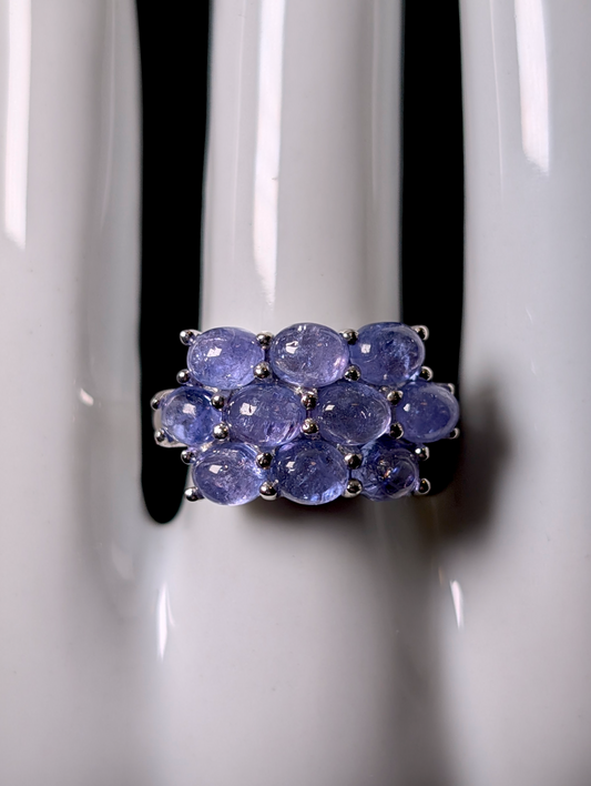 Vintage Cluster Jelly Cabochon Cut Earth Mined Genuine Tanzanite Sterling Silver Statement Ring