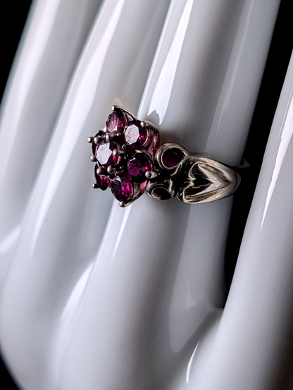 Vintage Michelle Albala Genuine Purple Garnet Flower and Heart Sterling Silver Ring