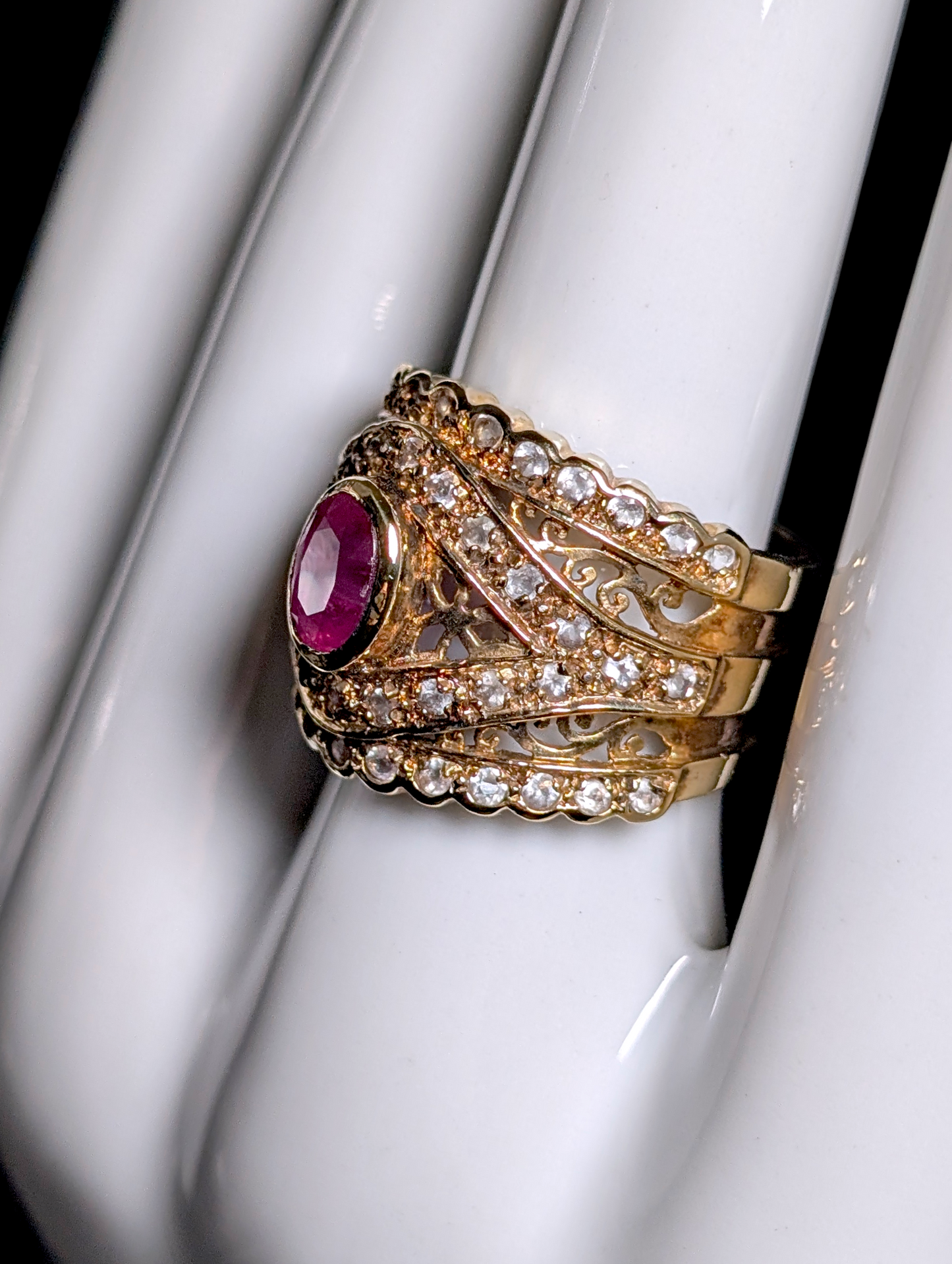 Vintage Unique Eye Motif Verified Ruby Solitaire and White Zircon Accented Gold over Sterling Silver Statement Band Ring