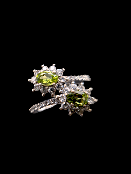 Vintage Starburst Double Genuine Peridot and White Topaz Halo Sterling Silver Ring