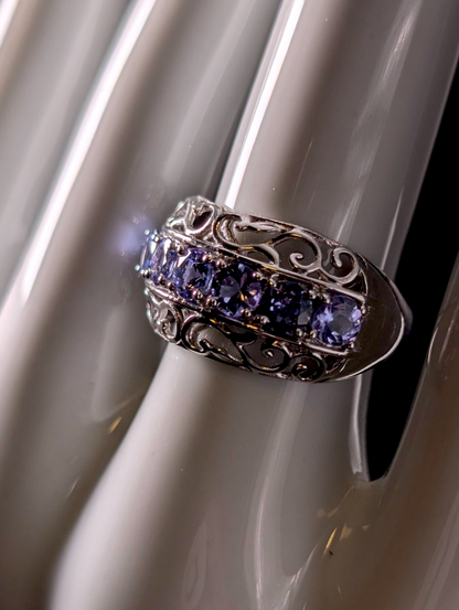 Vintage Row Round Cut Genuine Tanzanite and Filigree Sterling Silver Statement Band Ring
