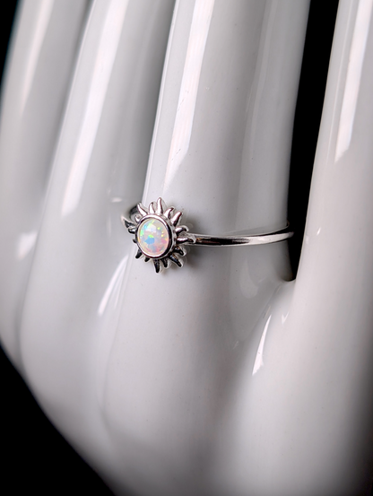 Vintage Inspired Dainty Round Cut Cabochon Genuine Opal Sunburst Stackable Sterling Silver Ring