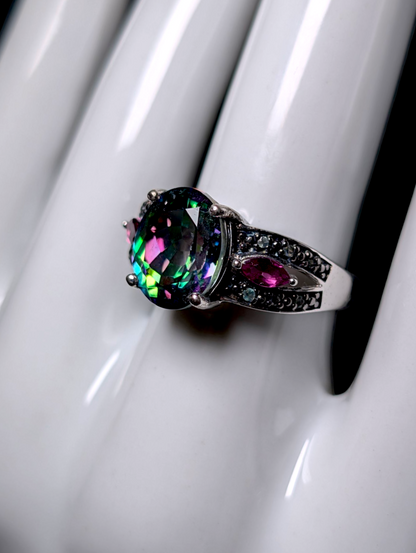 Vintage Inspired Oval Cut Genuine Nigerian Mystic Topaz with Rhodolite Garnet and Tsavorite Garnet Accent Stones Sterling Silver Ring