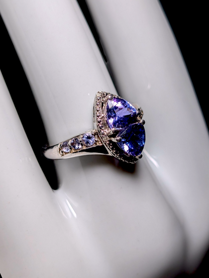 Vintage Double Trillion Cut Genuine Tanzanite with Diamond Accents Sterling Silver Ring