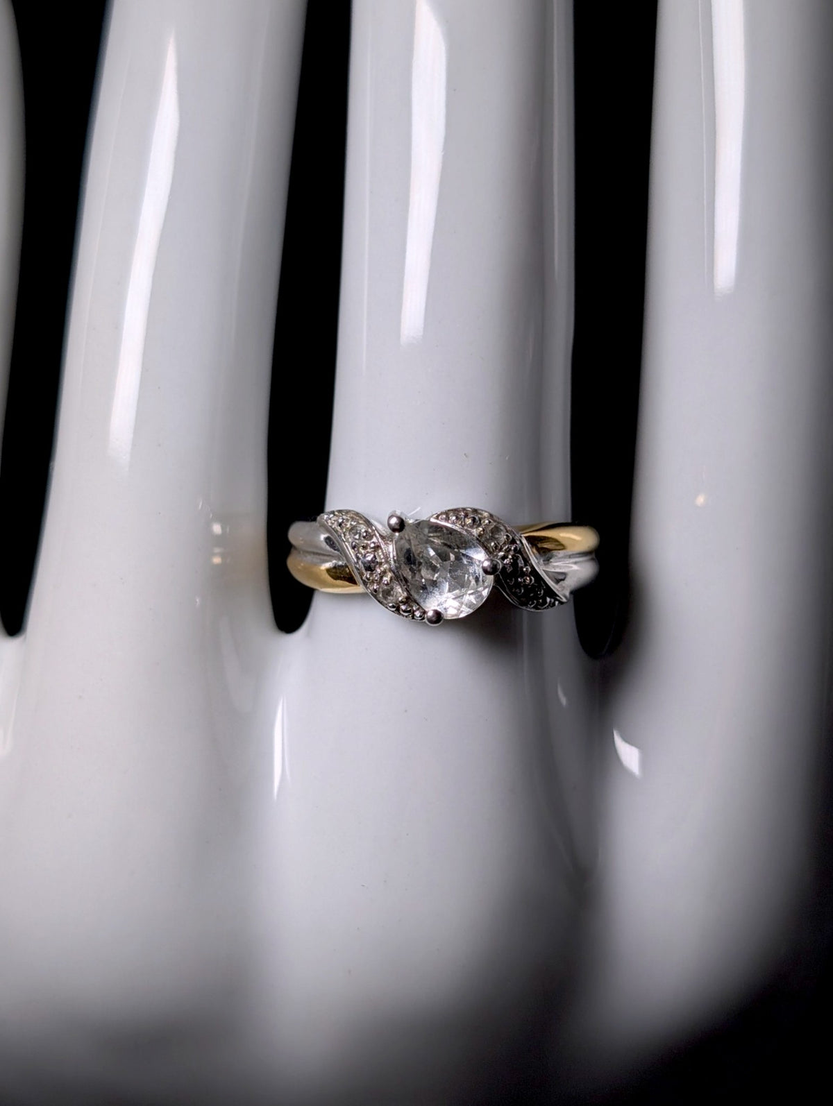 Vintage Pear Cut Genuine White Topaz Solitaire Sterling Silver and 8k Gold Ring