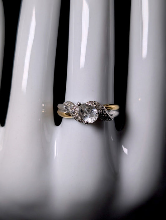 Vintage Pear Cut Genuine White Topaz Solitaire Sterling Silver and 8k Gold Ring