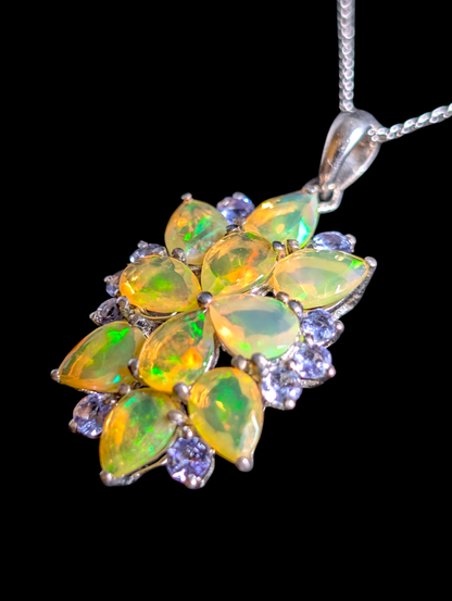 Vintage Inspired Earth Mined Genuine Ethiopian Welo Fire Opal and Tanzanite Cluster Sterling Silver Pendant