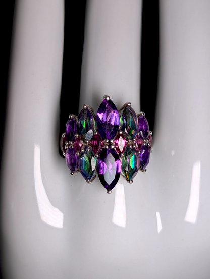 Vintage Art Deco Inspired Genuine Northern Lights Mystic Topaz, Grape Amethyst and Rhodolite Garnet Sterling Silver Cluster Cocktail Statement Ring
