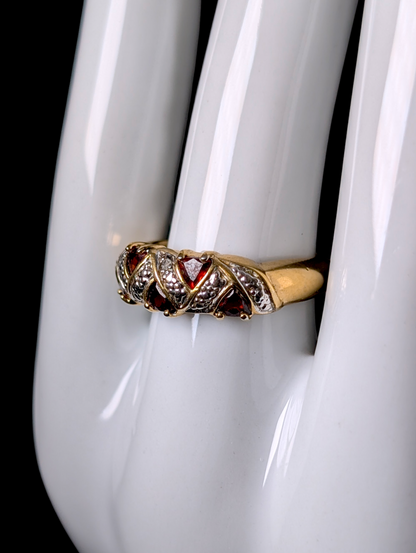 Vintage Genuine Red Garnet and Diamond 14k Yellow Gold over Sterling ZigZag Ring