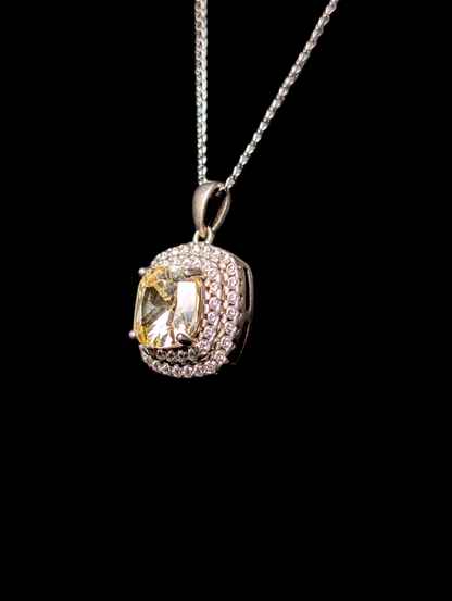 Vintage Cushion Cut Simulated Yellow Diamond Double Halo Sterling Silver Pendant