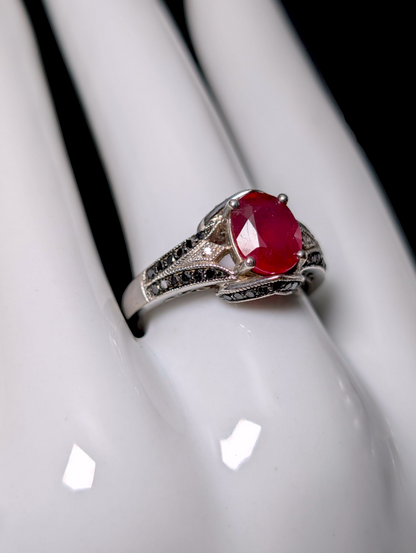 Vintage Art Deco Inspired Oval Cut Earth Mined Genuine Ruby Solitaire with Black and White Diamond Accents Sterling Silver Ring