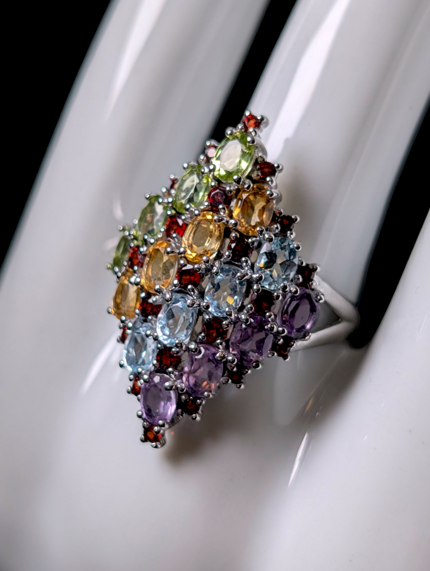 Vintage Fruit Salad Cocktail Genuine Amethyst, Topaz, Citrine, Peridot, Garnet Sterling Silver Ring