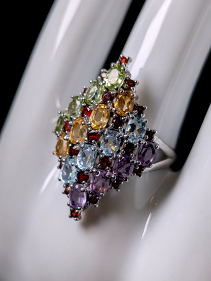 Vintage Fruit Salad Cocktail Genuine Amethyst, Topaz, Citrine, Peridot, Garnet Sterling Silver Ring