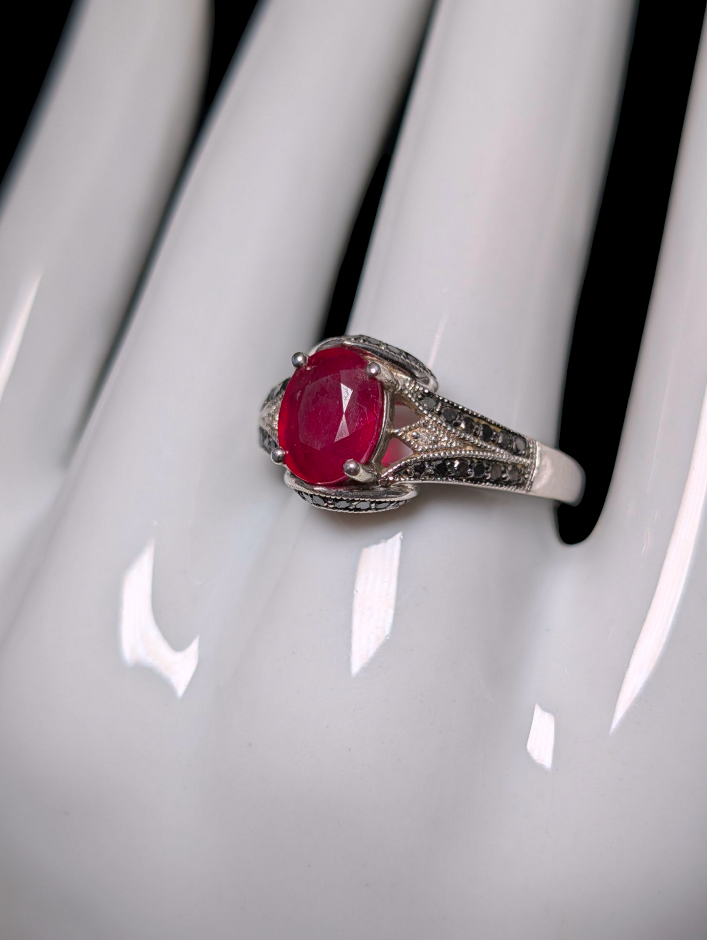 Vintage Art Deco Inspired Oval Cut Earth Mined Genuine Ruby Solitaire with Black and White Diamond Accents Sterling Silver Ring