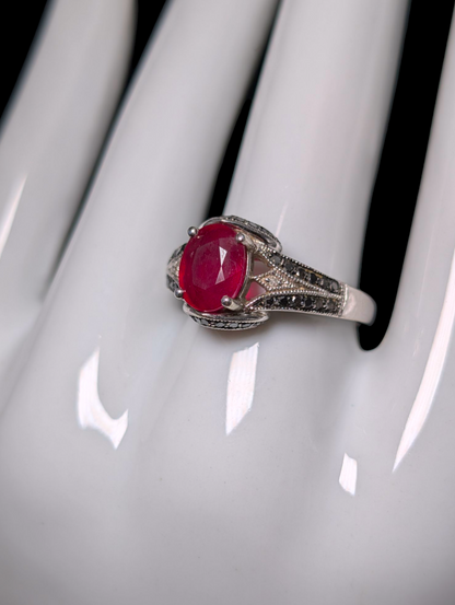 Vintage Art Deco Inspired Oval Cut Earth Mined Genuine Ruby Solitaire with Black and White Diamond Accents Sterling Silver Ring