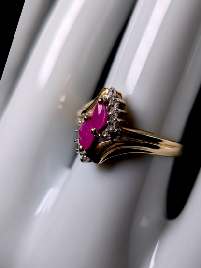 Vintage 12k Gold Twin Marquise Cut Genuine Earth Mined Ruby and Diamond Halo Ring