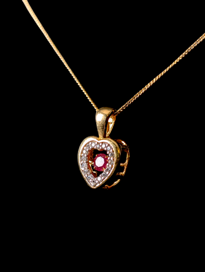 Vintage Genuine Ruby and White Topaz Halo Heart Pendant 14K Yellow Gold over Sterling Silver Delicate Chain Necklace