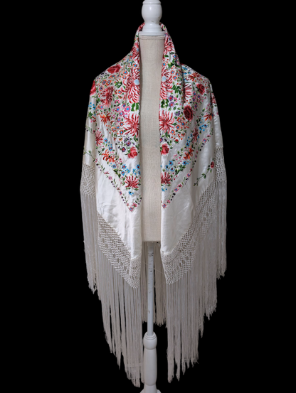 Antique Rare Manton De Manila Embroidered Florals Silk Flamenco Piano Shawl in White with Hand Knotted Macrame Fringe