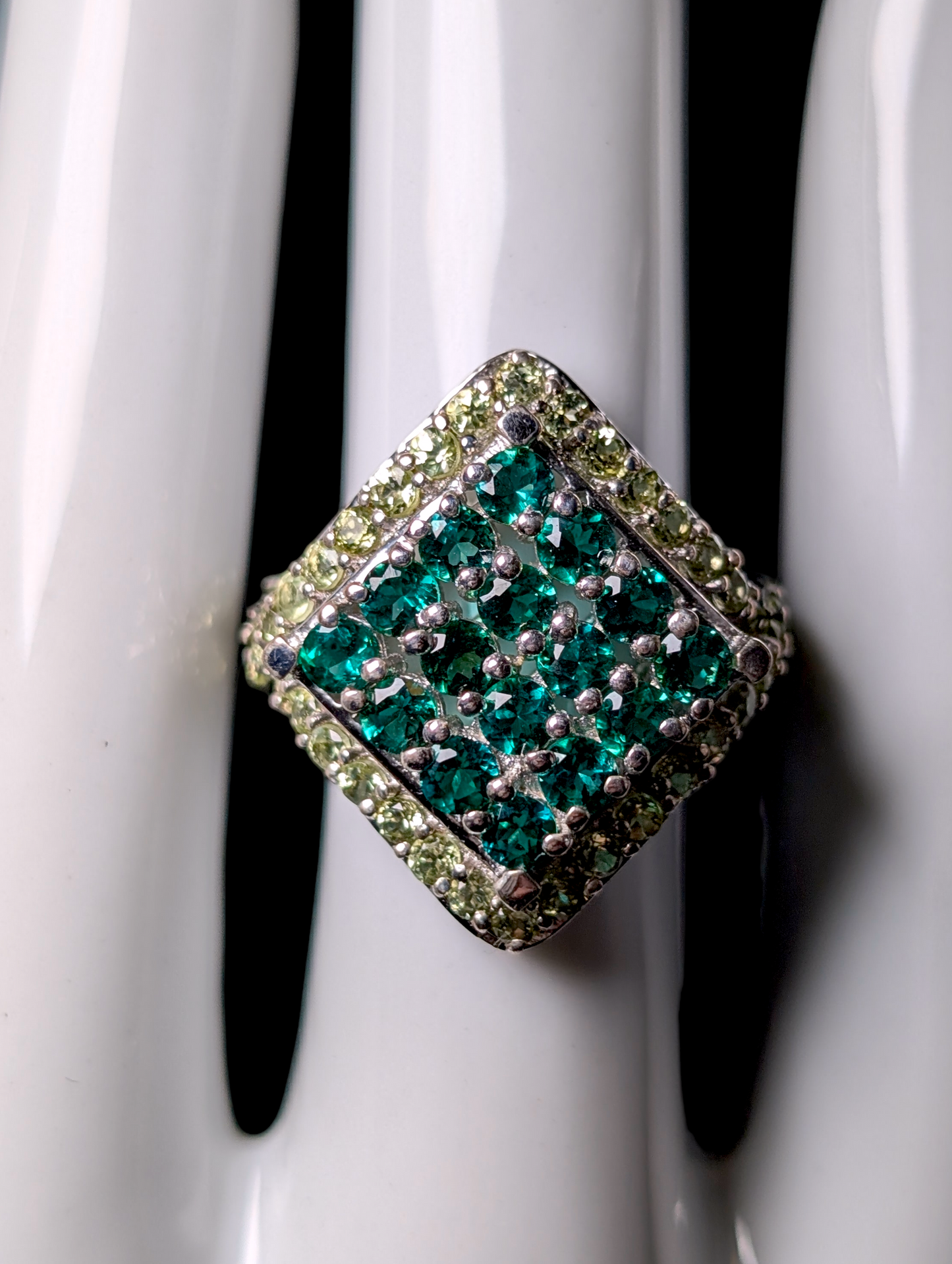 Vintage Dazzling Diamond Cluster Genuine Emerald with Peridot Halo Sterling Silver Statement Ring
