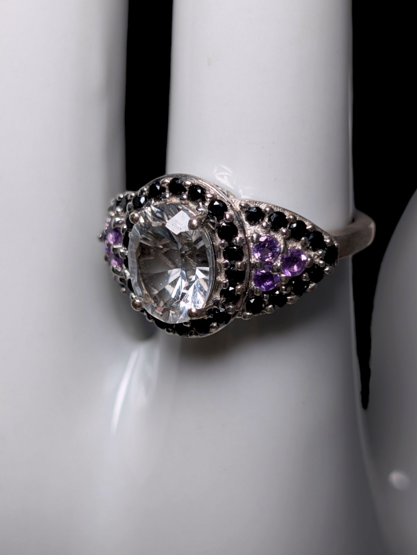 Vintage Oval Cut Earth Mined Genuine Rock Crystal Quartz Solitaire with Black Onyx Halo and Amethyst Accents Sterling Silver Ring