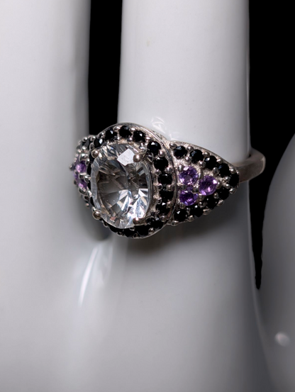 Vintage Oval Cut Earth Mined Genuine Rock Crystal Quartz Solitaire with Black Onyx Halo and Amethyst Accents Sterling Silver Ring
