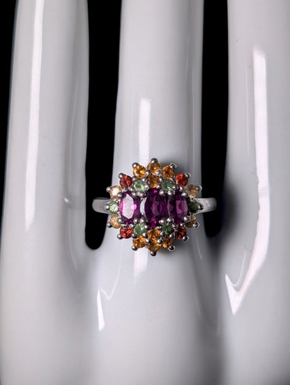 Vintage Fruit Cocktail Genuine Garnet and Mixed Gemstone Sterling Silver Ring