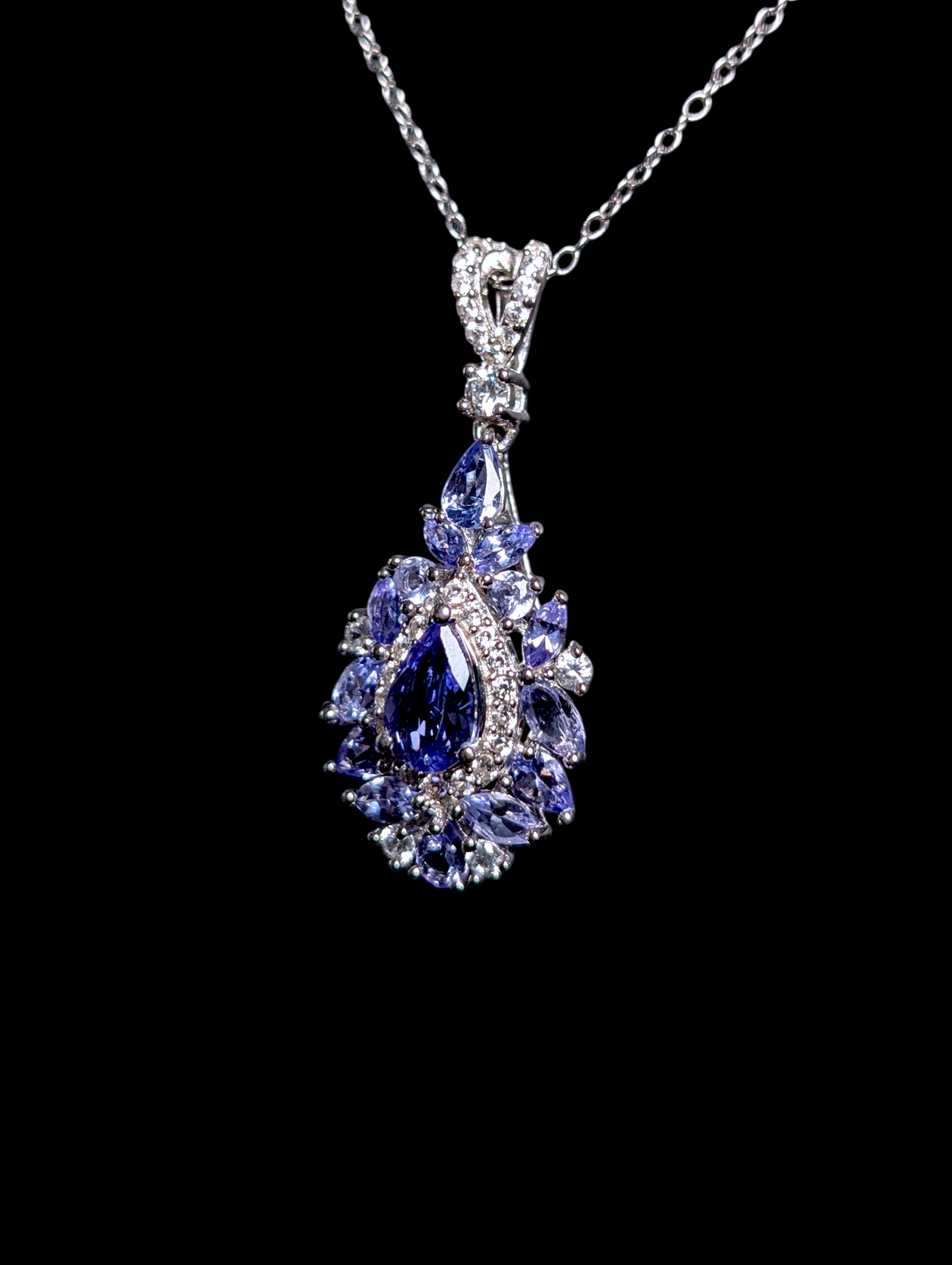 Vintage Dazzling Genuine Tanzanite and White Topaz Pendant and Sterling Silver Necklace