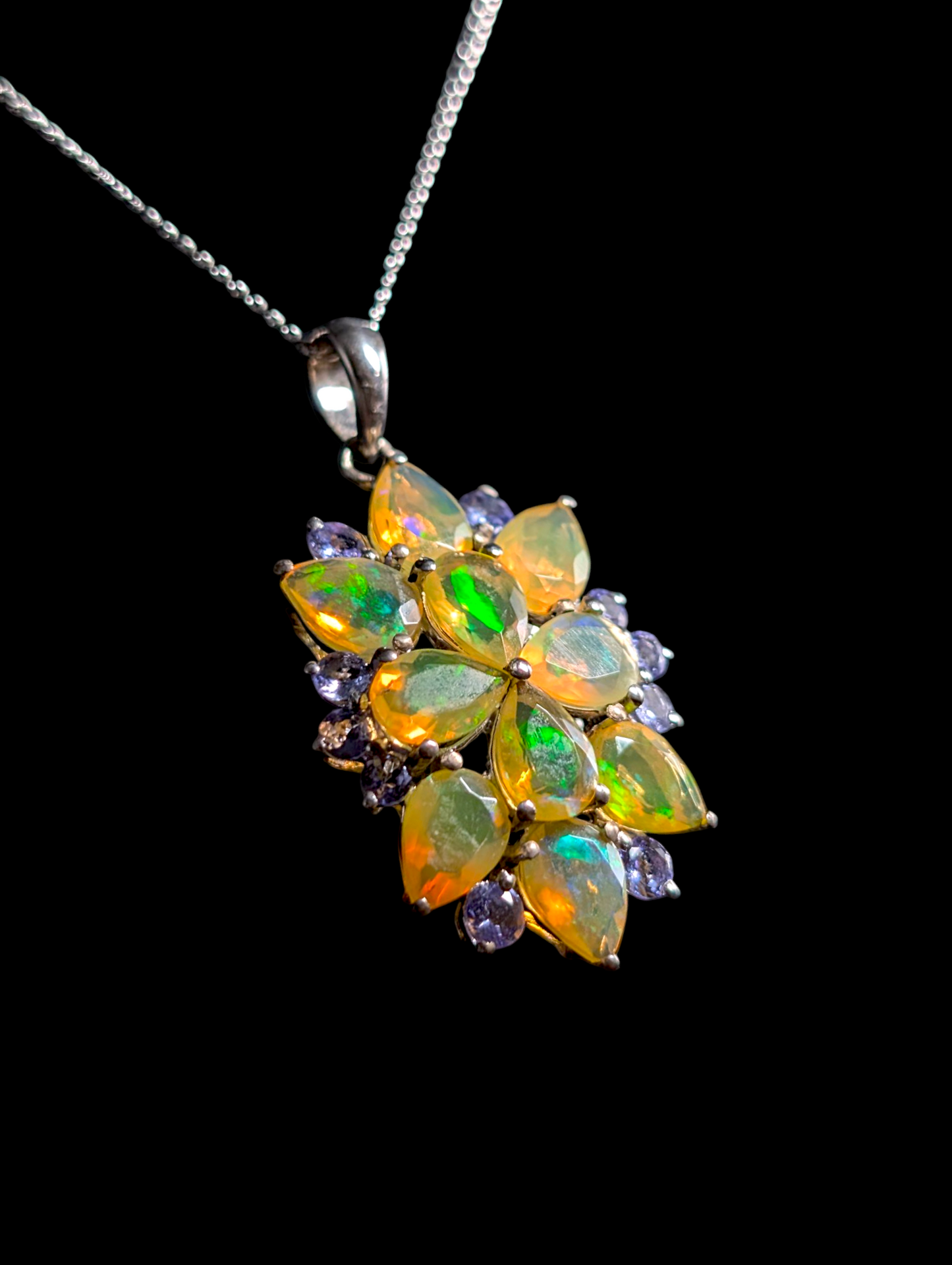 Vintage Inspired Earth Mined Genuine Ethiopian Welo Fire Opal and Tanzanite Cluster Sterling Silver Pendant