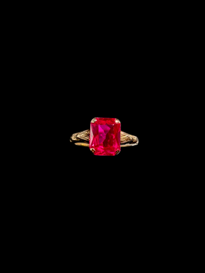 Antique Edwardian 3.5 Carat 10k Solid Yellow Gold Genuine Ruby Radiant Emerald Cut Solitaire Ring
