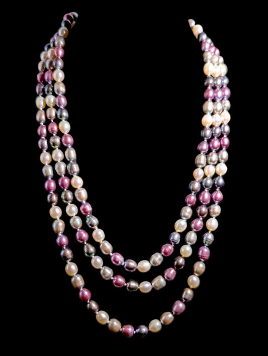 Vintage 54" Long Multi-Color Hand Knotted Genuine Freshwater Pearl Baroque Continuous Single Strand Necklace