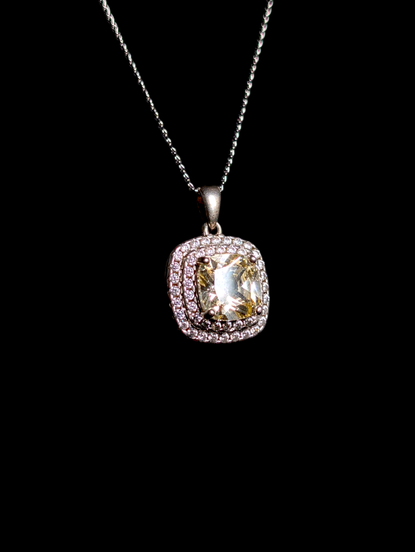 Vintage Cushion Cut Simulated Yellow Diamond Double Halo Sterling Silver Pendant