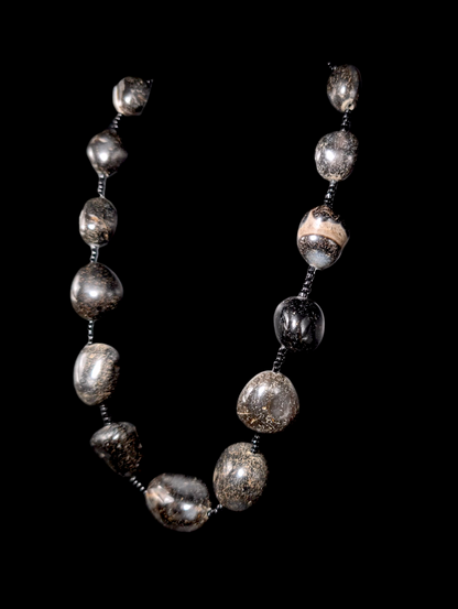 Vintage Chunky Earth Mined Genuine Black Imperial Jasper Polished Beaded Copper Necklace
