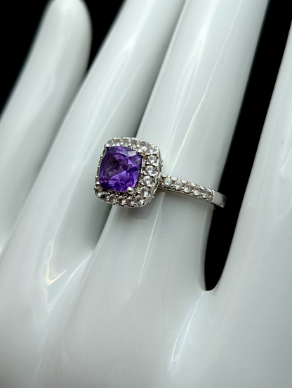 Vintage Cushion Cut Solitaire Genuine Grape Amethyst and White Topaz Halo Sterling Silver Ring