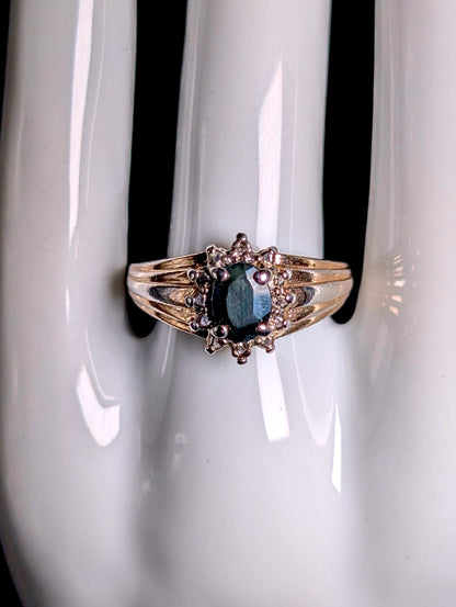 Vintage Genuine Sapphire and Diamond Accented Halo Antique Finish Gold over Sterling Ring