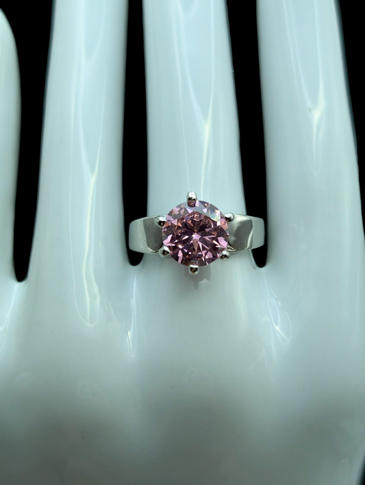 Vintage Large Solitaire Brilliant Round Cut Simulated Pink Sapphire Silver Toned Statement Cocktail Ring