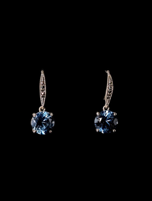 Vintage Round Cut Genuine Color Change Alexandrite and Marcasite Sterling Silver Drop Earrings