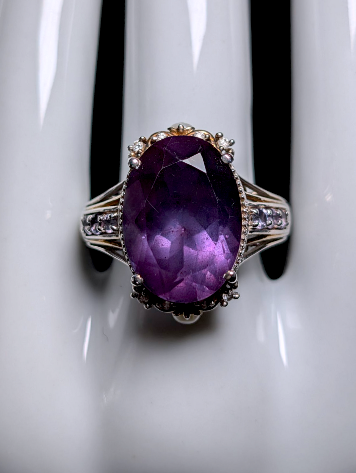 Vintage 12+ Carat Prong Set Oval Genuine Grape Amethyst Solitaire with White Zircon and Cultured Pearl Accent 18k Yellow Gold and Sterling Silver Ring
